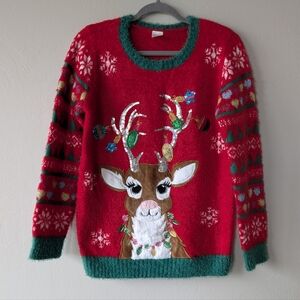 Holiday Time Red Green Reindeer Sweater Cute Festive Christmas Size XL Warm